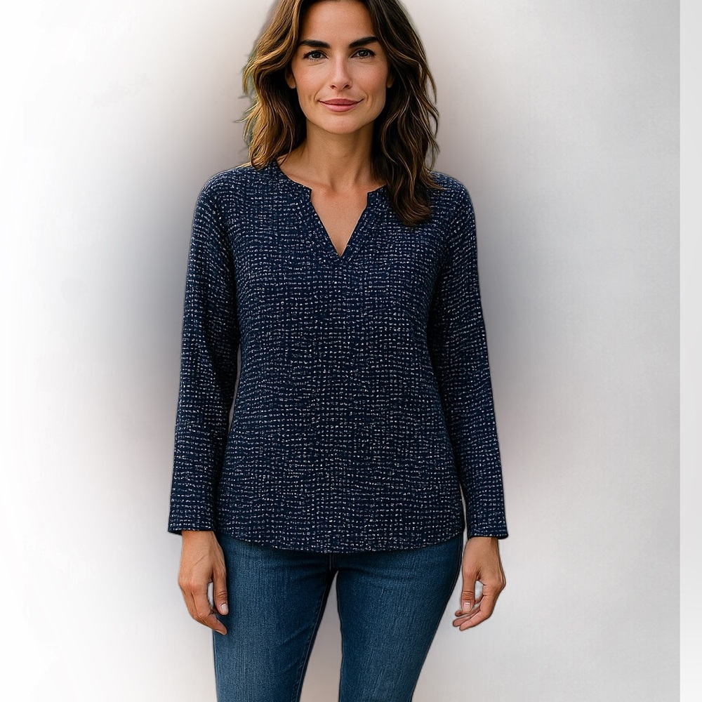 Liz Claiborne Navy Blue Patterned Blouse with Embellished collar